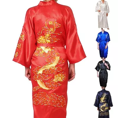 Men Satin Chinese Dragon Kimono-Silk Bathrobe Pajamas Sleepwear Gown Bath Robe • $24.68