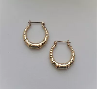 Vintage Solid 14K Yellow Gold Bamboo Style Hoop Pierced Earrings 14kt • $225