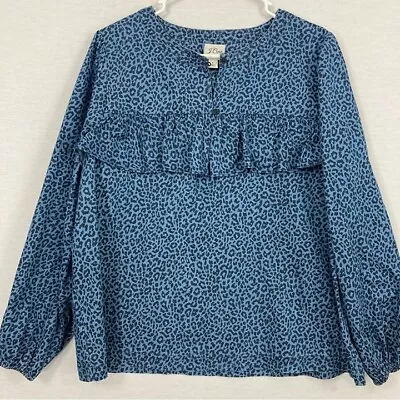 J.Crew Ruffle Long Sleeve Leopard Print Denim Top Large • $22