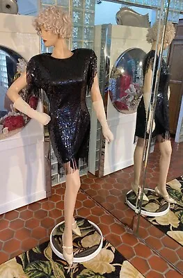 VTG 80s Black Sequin Mini Dress Beaded Flapper Fringe Sexy Cocktail 10 CACHE • $49.99