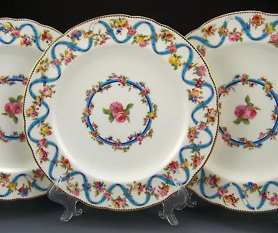 3 Minton Hand Painted Roses Swags Raised Enamel Turquoise 9.75  Dinner Plates  • $449