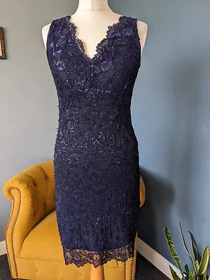 Oasis Size 10 Navy Blue Sexy  Sparkling Lace Pencil Wiggle Party Festive Dress • £14