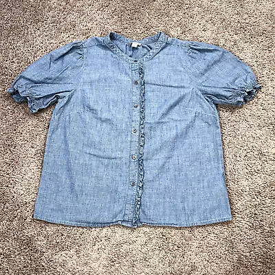 J Crew Shirt Womens Medium Blue Chambray Denim Short Sleeve Puff Ruffle Sleeve • $24.77