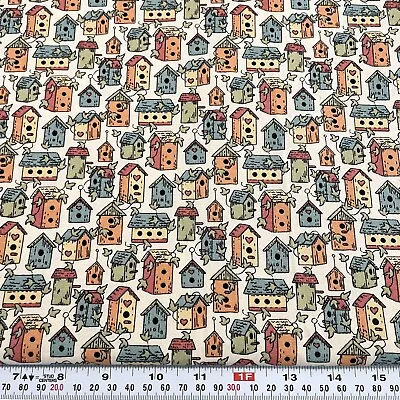 Vintage Birdhouse On Beige Cotton Fabric By The Half Yard • $5