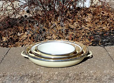 Vintage 3 Piece Metal Enamelware Saucepan Sauté Cookware Set Yellow Cream Bowls • $39.99