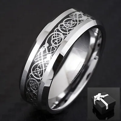 8mm Mens Tungsten Carbide Ring Silver Celtic Dragon Black Carbon Fiber Band • $14.99