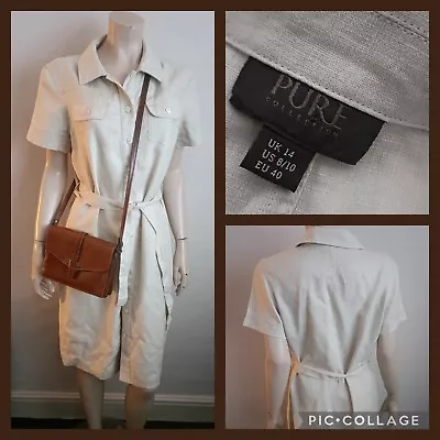 PURE COLLECTION 100% Linen Safari Style Shirt Dress With Belt UK 14 • £23.95