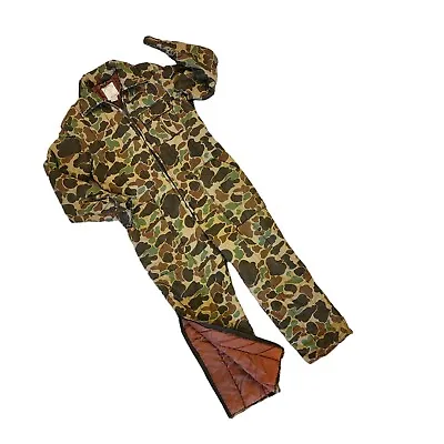 Vintage Trophy Club Duck Camo Coveralls Mens Small Insulated Hunting Zip Legs • $54.95