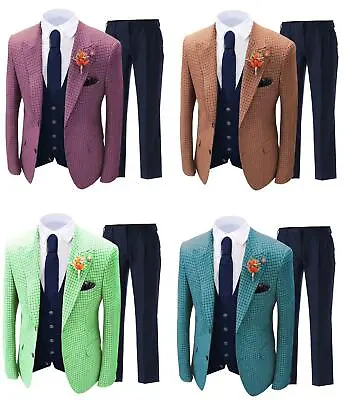 $106.66 • Buy 3PC Suit Men's Plaid Striped Blazer Vest Pant Wedding Coat Slim Fit Korean Retro