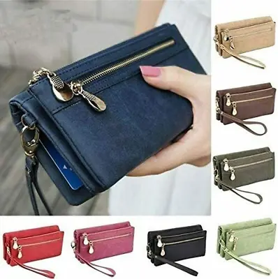 $4.89 • Buy Women Wallets Dull Polish Leather Wallet Double Zipper Day Clutch Purse Wristlet
