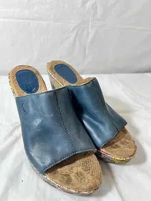 B.O.C Born Womens Blue Leather Slides Sandals Wedges Heel SZ US 8 • $19.57