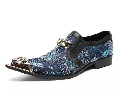 Men's Fashion Metal Head Pointy Toe Diamante Slio On Loafers Party Leather Shoes • $107.99