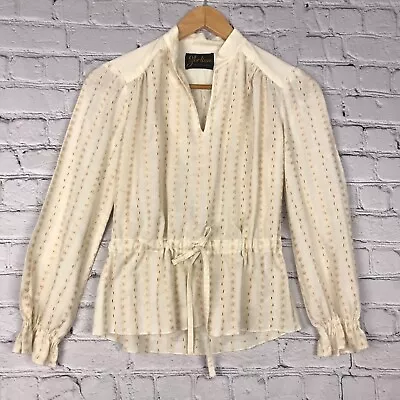 Vintage Polimeni Top Womens Small Natural Embroidered Eyelet Tie Flare Waist • $27.99