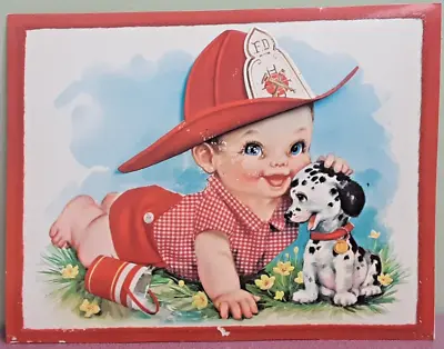 VINTAGE Greeting Card Firefighter Baby & Dalmation Puppy.  Made In The USA USED • $9.99