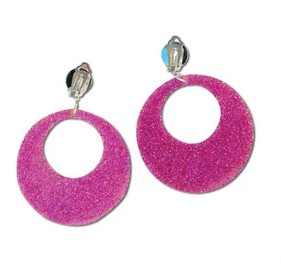60's Clip On Fancy Dress Hoop Earrings Pink Glitter Retro Disco 70s Hippie Mod • £3.90