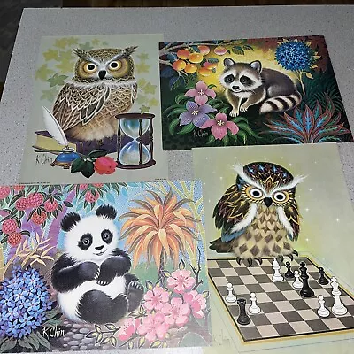 4 Vintage K. Chin Litho Owl Prints 1973 Donald Art Co Ready To Frame 9 X 12 • $20