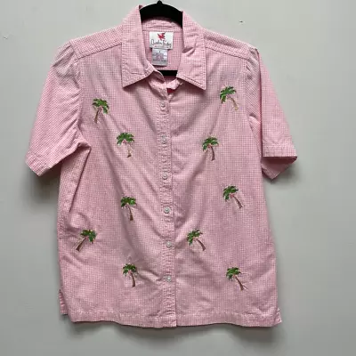 Quacker Factory Womens Button Front Shirt Pink White Gingham Palm Trees Collar S • $13.02