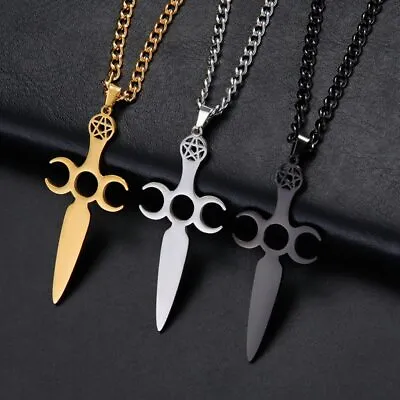 Goth Sword Triple Moon Goddess Pentagram Necklaces For Men Stainless Steel Punk • $6.11