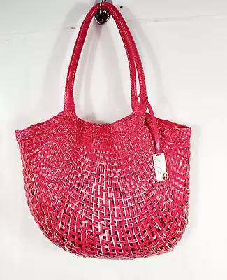 Marc Fisher Woven Hobo PVC Coral Pink Beach Picnic Handbag Hidden Sequins • $25.99