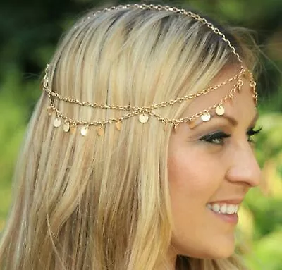 Women Gold Color Metal Bohemian Hippie Belly Dance Hair Head Cuff Headband Chain • £4.29