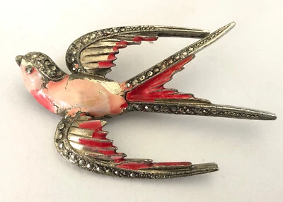 £2.99 • Buy Vintage Original Art Deco Marcasite & Enamel Swallow Bird Brooch Jewellery