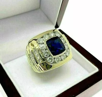4 Ct Cushion Lab Created Sapphire & Diamond Men's Ring 14K Yellow Gold Plated • $154