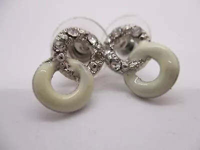 Rhinestone & White Enamel Figure-of-8 Stud Earrings. Pierced Ears. • £0.99