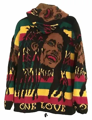 Bob Marley Knit 100% Wool Cardigan Sweater Hoodie Pockets Large Flaw No Zipper • $24.99