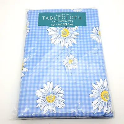 White Yellow Daisies On Blue Gingham Check Vinyl Tablecloth 60 X 84  Oblong NEW • $16