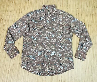 Western Aloha Pearl Snap Shirt Big Island Hawaii Fishing Print Size MEDIUM Brown • $34.99