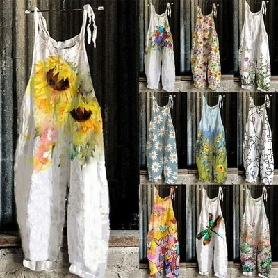 $31.58 • Buy Women Boho Floral Jumpsuit Dungaree Ladies Summer Loose Romper Playsuit Overalls