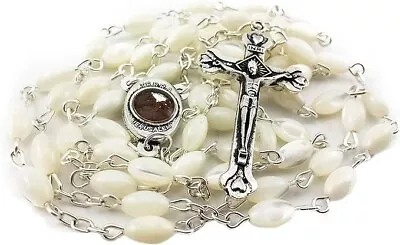 Natural Pearl Rosary Beads Necklace Jerusalem Holy Soil Medal & Silver Cross • $17.50