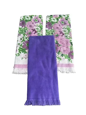 Vintage Bath Towel Lot Of 3 Floral Solid Purple MCM Fringe  • $30