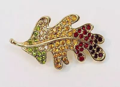 Vtg MONET LEAF Brooch Pin Gold Tone Metal RED YELLOW GREEN Rhinestone Jewelry • $15