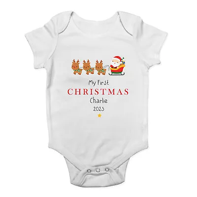 Personalised My First Christmas Baby Grow Vest Santa Reindeer 2023 Bodysuit Boys • £5.99