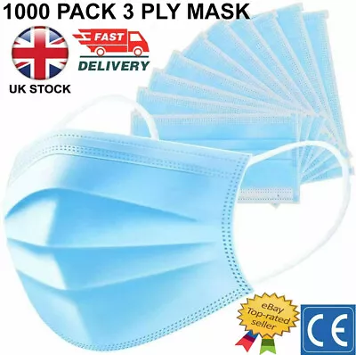 1000 Disposable Protective Face Mask 3 Layer Breathable Blue Masks UK • £39.99