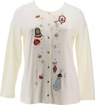 Quacker Factory Holiday Sparkle Snap Front Knit Sweater Ivory/Ornaments M New • $31.11