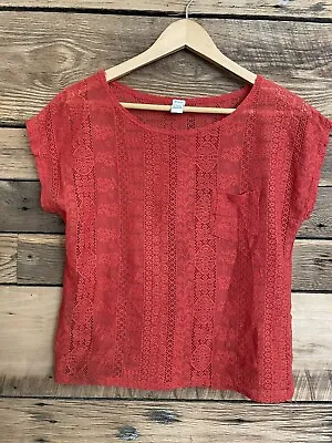 Red/orange I LOVE H81 Knit TOP TEE Round Neck LACE SHORT SLEEVE T-Shirt Sz S • $7.99