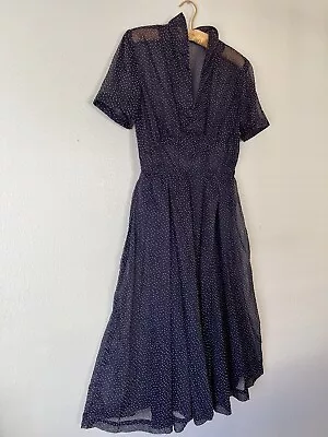 Vintage 50’s Sheer Navy Blue Swiss Dot  Rockabilly Garden Party Dress Metal Zip • $65