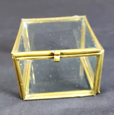 Vintage Small Glass Brass Trimmed Hinged Trinket Box Jewelry Ring Square 2.75  • $15.99