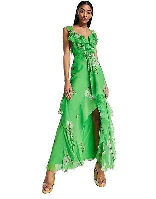 £60 • Buy ASOS Design Green Floral Ruffle Detail Maxi Dress Dipped Hem Size UK 12