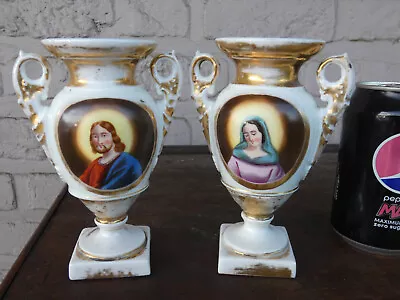 Antique Pair French Vieux Paris Porcelain Hand Paint Jesus Mary Portrait Vases • $245