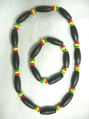 $9.49 • Buy Rasta Black Green Yellow Red Colors Wooden Beads Reggae Necklace Bracelet Set