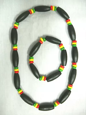 Rasta Black Green Yellow Red Colors Wooden Beads Reggae Necklace Bracelet Set • $9.99