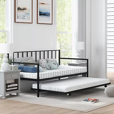 Twin Metal Daybed Sofa Bed W/ Trundle & Lockable Casters For Living Room • $159.99