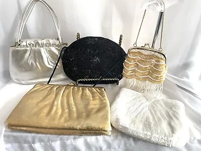 5 VTG 1960s-Modern Bead Lame Purses Coin Fringe Clamshell Silver Gold Clutch Lot • $38