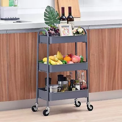 3 Tier Rolling Cart Metal Utility Serving Cart Sturdy Storage Trolley W/ Handles • $49.39