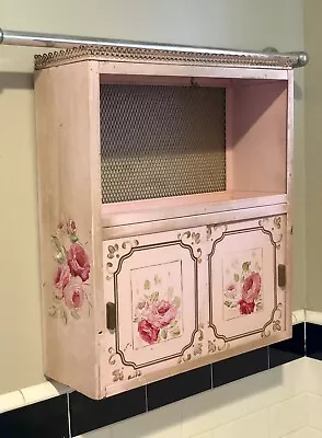Vintage 1950s Pink Metal Wall Cabinet Shelf Bathroom Roses Filigree Shabby Chic • $168.75