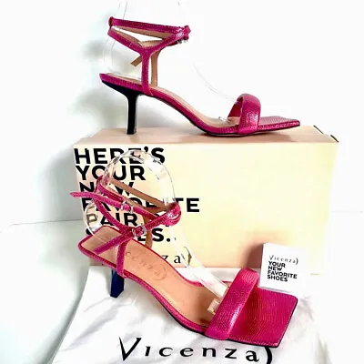 Vicenza Anthropologie Heels Sandals EU 39/US 8 Pink Metallic Strap Square Toe • $25