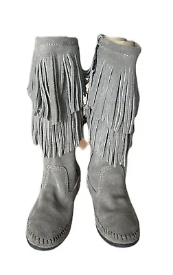 Suede Minnetonka Women 6 Booties Moccasins Gray Flats Zip & Lace Up Fringe New • $24.99